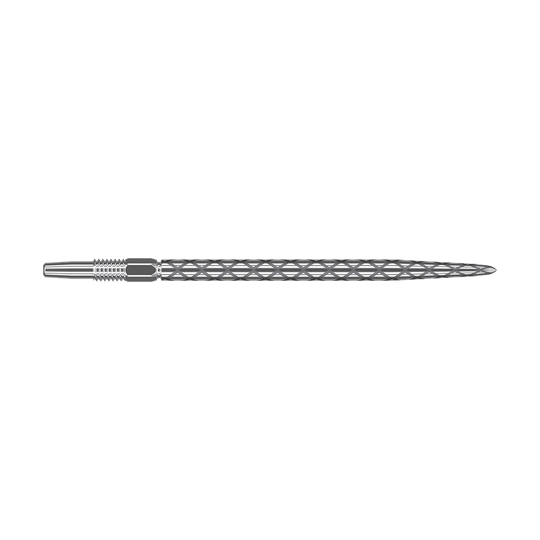 Target Swiss Diamond Pro Silver Points dartpunten Das Bild zeigt eine silberne Dartspitze mit einem rautenförmigen Muster auf der Oberfläche. Sie ist lang und schmal gestaltet und besitzt ein Schraubgewinde am hinteren Ende.