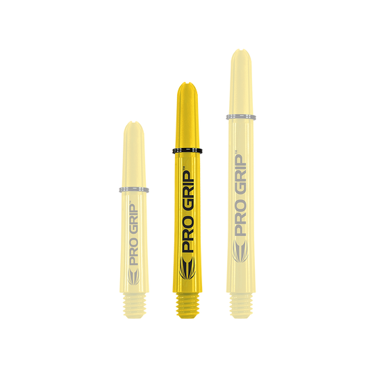 Target Pro Grip Shafts - 3 sets - Geel Auf dem Bild sind drei gelbe Dart-Schäfte der Marke "Pro Grip" in verschiedenen Längen zu sehen. Sie stehen aufrecht nebeneinander vor weißem Hintergrund.