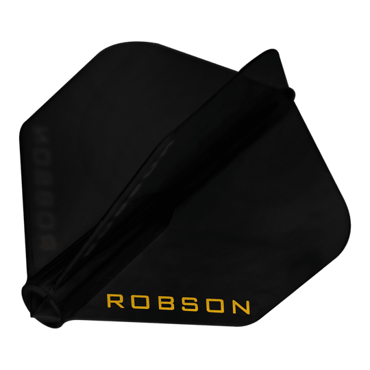 Robson Plus No6 Flights Das Bild zeigt einen schwarzen Dartflug. Auf dem Flug steht in gelber Schrift das Wort "ROBSON".