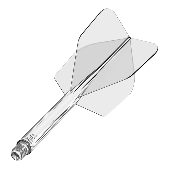 Das Bild zeigt das Produkt "Mission Force 90 No6 Flight-Shaft-System - Clear". Es handelt sich um ein durchsichtiges Flightsystem für Darts.