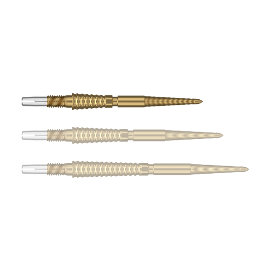 Target Swiss Storm LNC darttips - goud Das Bild zeigt drei goldene Dartspitzen, die nebeneinander angeordnet sind. Die Spitzen haben einen strukturierten Griffbereich und silberne Endstücke.