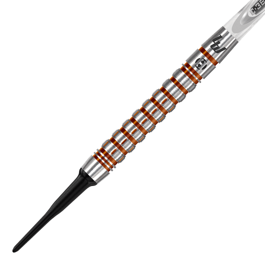Das Bild zeigt einen Harrows Luke Woodhouse Series 2 Softdart mit einem Gewicht von 18g. Der Dart hat einen silbernen Griff mit auffälligen orangefarbenen Ringen und einer schwarzen Kunststoffspitze.