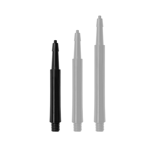 HRC12633_Harrows_Clic_Standard_Shafts_Schwarz_23mm_1DyyczFooaDhYX Das Bild zeigt drei schwarze Harrows Clic Standard Shafts in unterschiedlichen Längen. Sie werden als Zubehörteile für Dartpfeile verwendet.