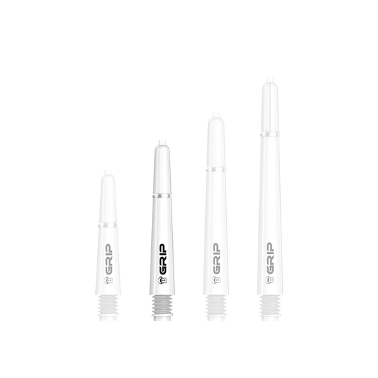 Das Bild zeigt vier weiße Bulls B-Grip-2 SL Shafts in unterschiedlichen Längen. Die Shafts sind mit dem schwarzen Schriftzug "GRIP" bedruckt.