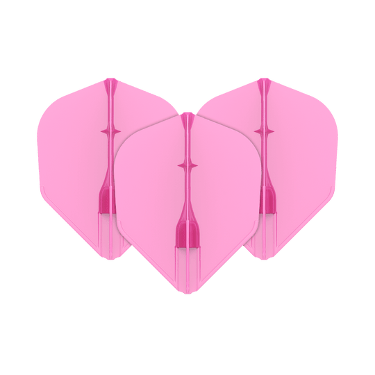 L-L-Style3EZ-vluchten Das Bild zeigt drei pinke Dartflights, die nebeneinander angeordnet sind. Sie haben eine standardisierte, rautenähnliche Form und sind einheitlich gefärbt.