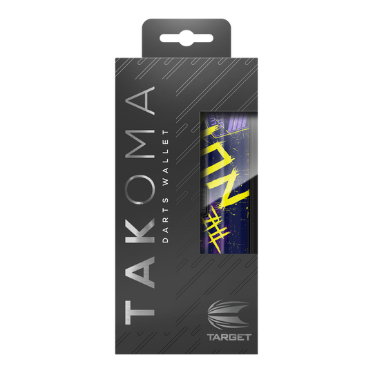 Target Takoma Luke Littler dartkoffer Die Abbildung zeigt die Verpackung des "Target Takoma Luke Littler Dartcase". Die Schachtel ist überwiegend schwarz mit silberner Schrift und einem Sichtfenster, das einen Teil des Dartcase-Designs zeigt.