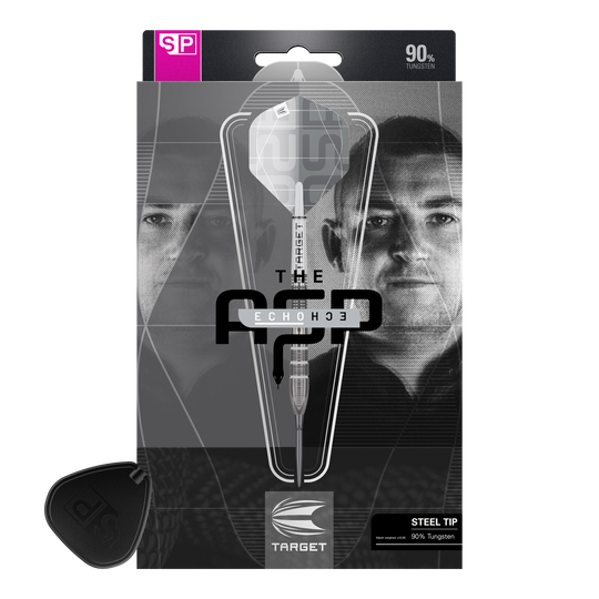 Target Nathan Aspinall X Echo Swiss Point steel darts Die Verpackung zeigt die Target Nathan Aspinall X Echo Swiss Point Steeldarts. Auf der Vorderseite sind ein Dartpfeil und das Porträt eines Mannes zu sehen.