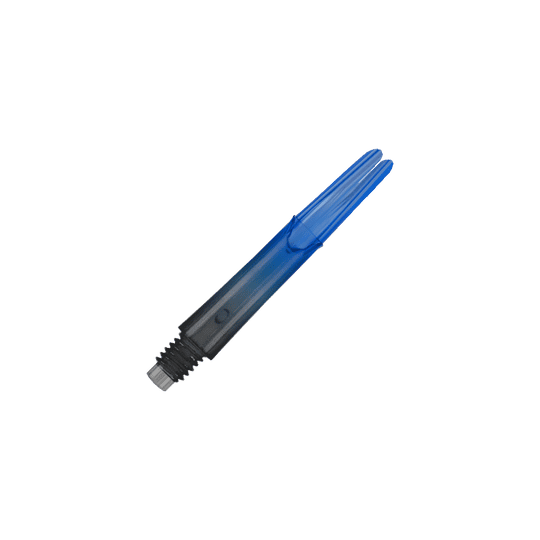 Auf dem Bild ist ein blauer, transparenter Dart-Schaft zu sehen. Der Schaft hat ein gerades Design und ein schwarzes Gewinde am unteren Ende.