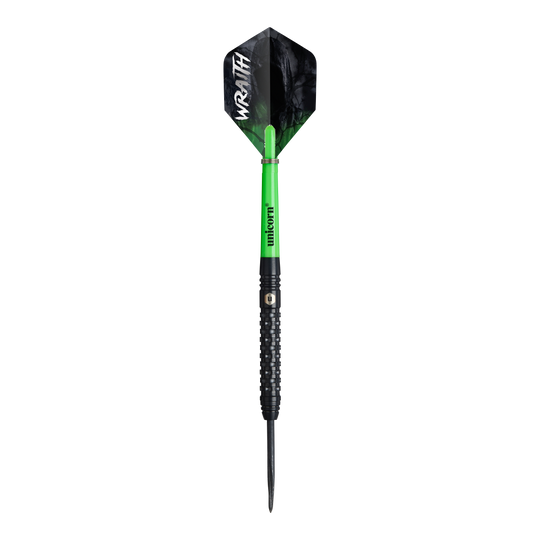 Unicorn Wraith stalen darts Das Bild zeigt einen Steeldart namens "Unicorn Wraith". Der Dart hat einen grünen Schaft, einen schwarzen Griff und eine schwarze Flight mit der weißen Aufschrift „WRAITH“.