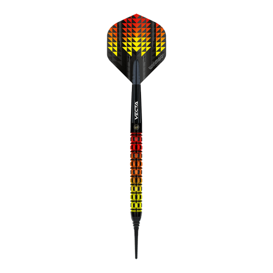 Winmau Firestorm Flame Parallel Softdarts - 20g Das Bild zeigt einen Winmau Firestorm Flame Parallel Softdart mit einem Gewicht von 20g. Der Dart hat ein auffälliges Design mit gelben, orangefarbenen und roten Flammenmustern.