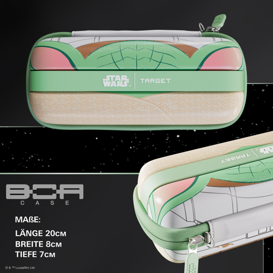 Dies ist das Target Star Wars Boa Dartcase - Grogu mit einem einzigartigen Star Wars Motiv. Die Tasche schützt Darts und Zubehör auf stilvolle Weise.