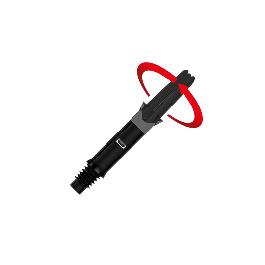 L-L-Style-Shafts Silent Straight - Zwart Das Bild zeigt einen schwarzen Dart-Schaft ohne Kappen. Ein roter Pfeil deutet eine Drehbewegung am oberen Ende des Schafts an.