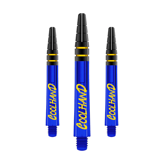 Red Dragon Nitrotech Luke Humphries Coolhand Shafts - Blauw Das Bild zeigt drei blaue Dartschäfte mit der gelben Aufschrift "COOLHAND". Die Schäfte haben schwarze und goldene Ringe am oberen Ende.
