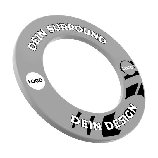 Dartbordomlijsting met uw eigen ontwerp Ein Dartboard-Surround in Grau ist abgebildet. Es ist mit individuellem Druck versehen.