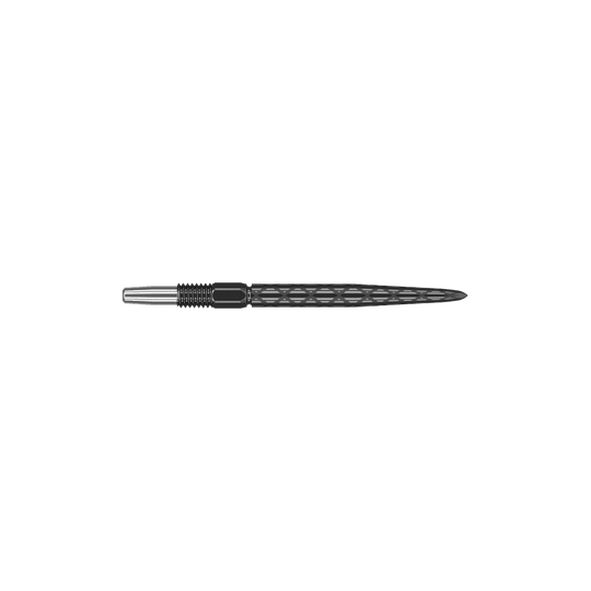 Target Swiss Diamond Pro Black Points dartpunten Dies ist eine schwarze Dartspitze mit einem diamantförmigen Muster. Sie ist vorne spitz zulaufend und hat eine silberne Befestigung am hinteren Ende.