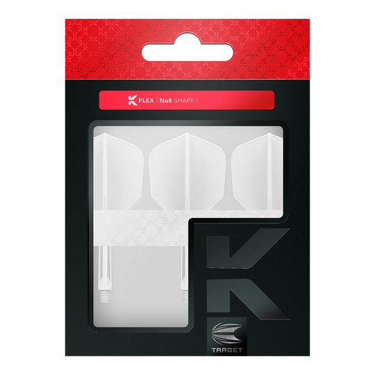 Das Bild zeigt eine Verpackung mit drei weißen Dartflights und Schäften. Die Verpackung ist überwiegend schwarz mit einem roten Bereich oben und der Aufschrift "K FLEX | No6 SHAPE".