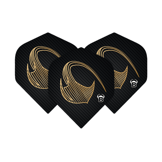 Bulls Metrixx Stingray No2 Standaard Vluchten Das Bild zeigt drei schwarze Dart-Flights mit einem goldenen Muster und dem Buchstaben "B" in der Ecke. Es handelt sich um die Bulls Metrixx Stingray No2 Standard Flights.