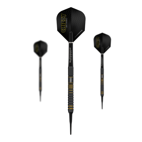 Das Bild zeigt drei Softdarts der Marke Harrows aus der Dave Chisnall Chizzy Series 3. Die Darts haben schwarze Flights mit gelber Aufschrift und schwarzen Schäften mit gelben Akzenten.