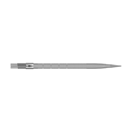 Harrows Quick Point Micro Ridge Dart Tips - Zilver Abgebildet sind silberne Harrows Quick Point MicroRidge Dartspitzen mit einer Länge von 40 mm. Die Spitzen liegen nebeneinander auf dem Bild.