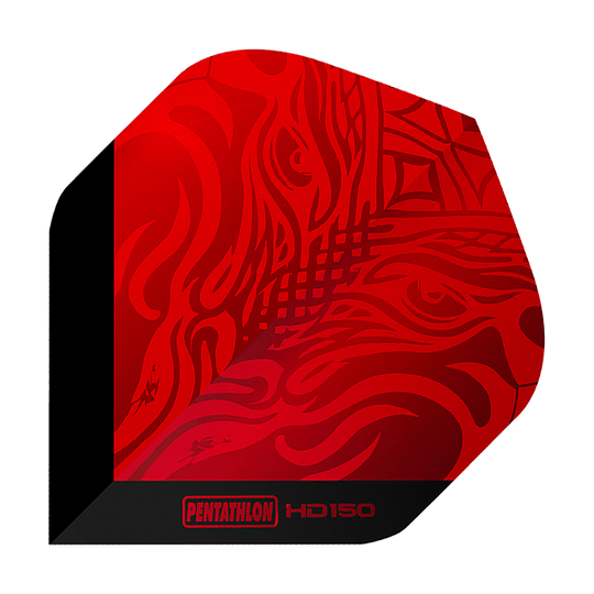 Pentatlon HD150 Metallic Rood Standaardvluchten Das Bild zeigt ein rotes Dartflight mit einem abstrakten Muster. Unten steht der Schriftzug „Pentathlon HD150“.