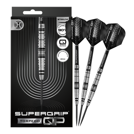 Harrows Supergrip Torpedo Quick Point stalen dartpijlen Abgebildet sind Harrows Supergrip Torpedo Quick Point Steeldarts. Die Steeldarts sind vollständig dargestellt.