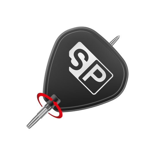 Target Swiss Point GRD Zilveren dartpunten Das Bild zeigt eine silberne Dartspitze der Marke "Target Swiss Point GRD". Die Spitze ist an einem schwarzen Flightschutz mit den Buchstaben "SP" befestigt.