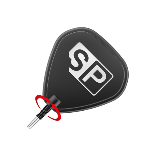 Target Swiss Point Nano Dartpunten - Zwart Das Bild zeigt eine schwarze Dartspitze mit einem weißen "SP"-Logo darauf. Ein roter Pfeil deutet auf eine Drehbewegung am unteren Teil der Spitze hin.