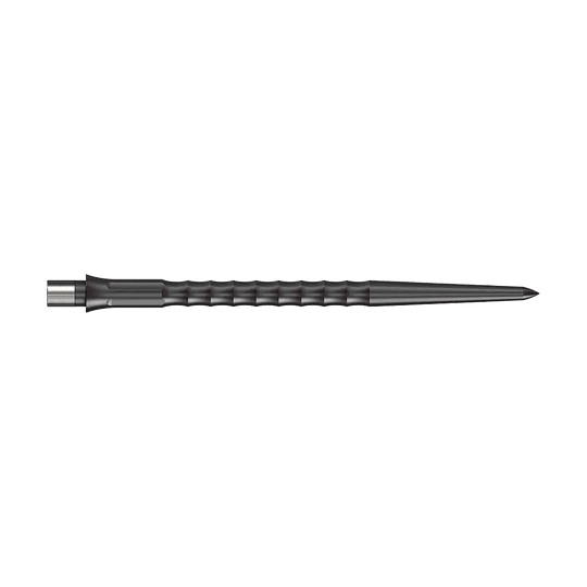 Caliburn System Steeldart Tips - Ripple - NoLip - Zwart Das Bild zeigt Steeldartspitzen des Caliburn Evo Systems in Schwarz, 40 mm lang. Zwei Spitzen sind sichtbar, die Oberfläche ist geriffelt ohne Lippe.