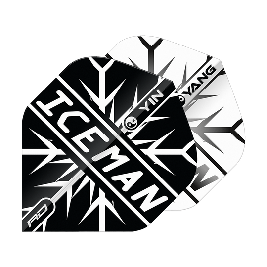 Red Dragon Gerwyn Prijs IJsman Zwart Wit Yin Yang Standaardvluchten Das Bild zeigt zwei Dart-Flights in Schwarz und Weiß mit einem Yin-Yang-Design. Auf dem vorderen Flight steht in großen Buchstaben „ICEMAN“.