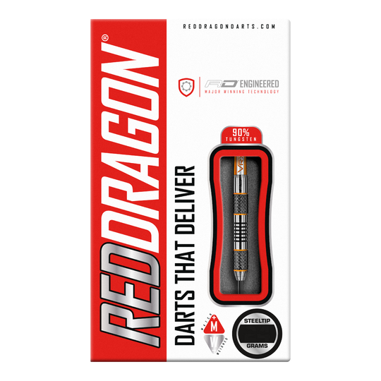 Red Dragon Amberjack 5 stalen darts - 24g Die Abbildung zeigt die Verpackung der "Red Dragon Amberjack 5 Steeldarts - 24g". Auf der Packung sind ein sichtbarer Dartpfeil und die Aufschrift "Darts That Deliver" zu sehen.