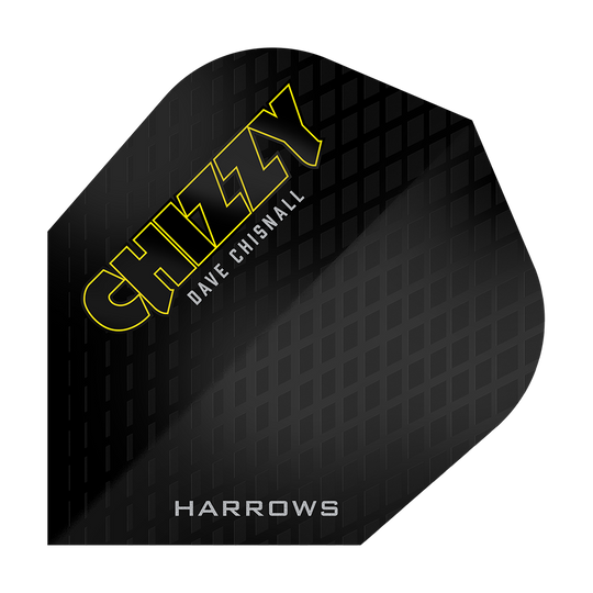 Harrow's Dave Chisnall Chizzy Serie 3 Vluchten Das Bild zeigt ein schwarzes Dartflight mit einem Muster und der Aufschrift "CHIZZY DAVE CHISNALL" in gelben und weißen Buchstaben. Unten steht außerdem das Wort "HARROWS".