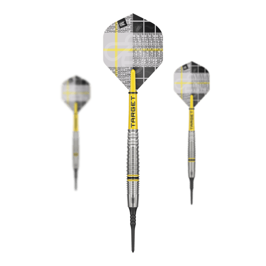 Target Scott Williams GEN2 zachte darts - 18g Das Bild zeigt drei Softdarts des Modells "Target Scott Williams GEN2" mit einem Gewicht von 18g. Die Darts haben gelb-silberne Schächte und moderne Flights mit einem schwarz-weißen Muster.