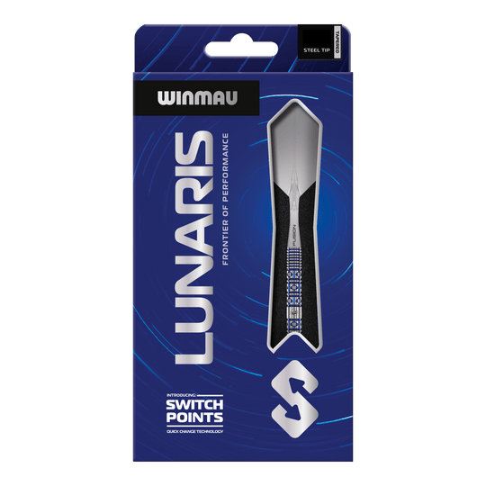Abgebildet sind die Winmau Lunaris Tapered Switch Point Steeldarts. Diese Steeldarts besitzen ein modernes, abgestimmtes Design für Dartspieler.