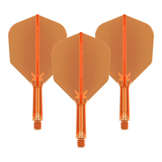 Target K-Flex No6 Vluchtsysteem - Neon Oranje Auf dem Bild sind drei neonorange Darts-Flights mit Schaft zu sehen. Sie sind nebeneinander angeordnet und haben eine transparente Optik.