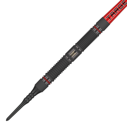 Target Scope 10 zachte pijltjes Das Bild zeigt einen Target Scope 10 Softdart mit einem schwarzen, geriffelten Griff und roten Akzenten. Der Dart hat eine rote Fliege mit der Aufschrift "TARGET".
