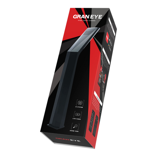 GranDarts Gran Eye GEN2 Steeldart automatisch scoresysteem Das Bild zeigt die Verpackung des Produkts "GranDarts GranEye Steeldart Auto-Scoring-System". Auf der Schachtel sind ein Bild des Geräts sowie Hinweise auf Funktionen wie KI-System, Live-Video und Zoom-Ansicht abgebildet.