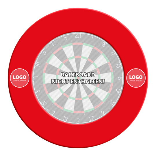Zu sehen ist ein Produkt mit dem Dateinamen MC-2011_Dartboard_Surround_mit_Wunschdruck_Rot_Logo_1. Vermutlich handelt es sich um eine spezielle Dartboard-Umrandung mit rotem Design und individuellem Logo.
