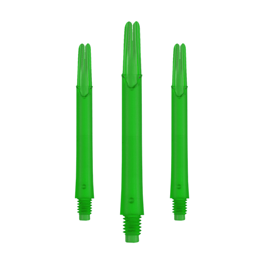 L-Style L-schachten vergrendeld recht - Groen Auf dem Bild sind drei grüne, gerade Dartschäfte zu sehen. Sie sind jeweils unten mit einem Gewinde versehen und stehen nebeneinander.
