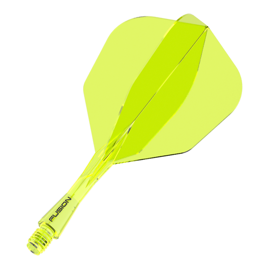 Winmau Fusion Flight Shaft System No6 Neon Geel Das Bild zeigt ein neon-gelbes Dartflight- und Shafts-System. Auf dem Schaft steht das Wort "FUSION".