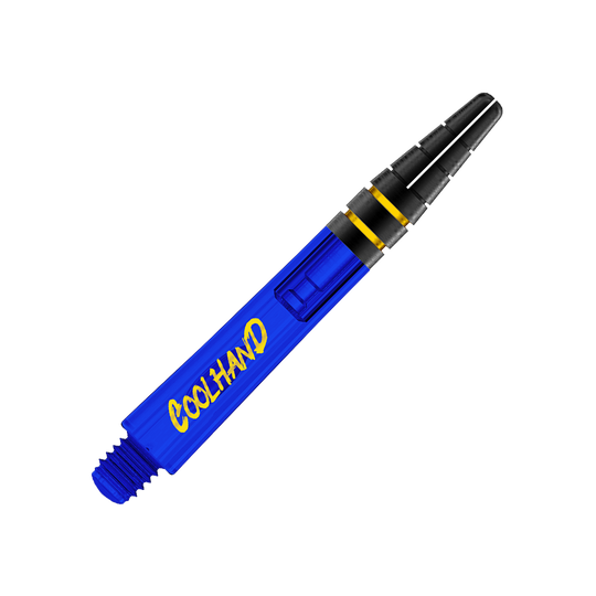 Red Dragon Nitrotech Luke Humphries Coolhand Shafts - Blauw Das Bild zeigt einen blauen Dart-Schaft mit der Aufschrift "COOLHAND" in gelber Schrift. Der Schaft hat am oberen Ende schwarze und gelbe Akzente.