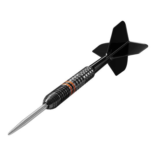 Das Bild zeigt einen Target Japan Black Marque Morpheus GEN2 Steeldart. Der Dartpfeil ist schwarz mit silbernen und orangefarbenen Akzenten.