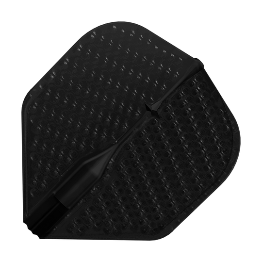 Dieses Bild zeigt einen schwarzen Dartflight mit einer Dimple-Oberfläche. Das Flight hat eine polygonale Form und eine strukturierte Oberfläche für besseren Halt.