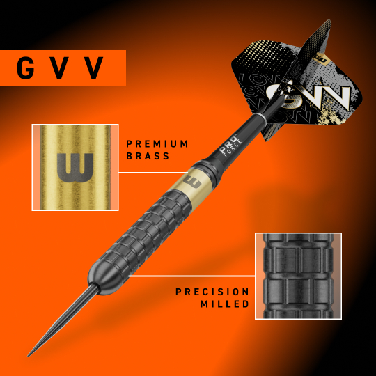 Winmau Gian Van Veen Core Messing Steeldarts - 21g Abgebildet sind Winmau Gian Van Veen Core Brass Steeldarts mit 21 Gramm. Das Foto zeigt den Dartpfeil in voller Länge.