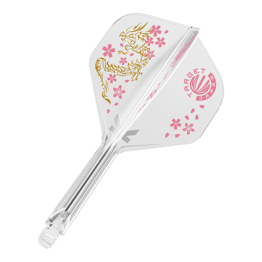 Das Bild zeigt das Produkt "Target Japan K-Flex Smash No2 Standard Flight-Shaft-System". Es ist durchsichtig mit rosa Kirschblüten und einem goldenen Drachen verziert.