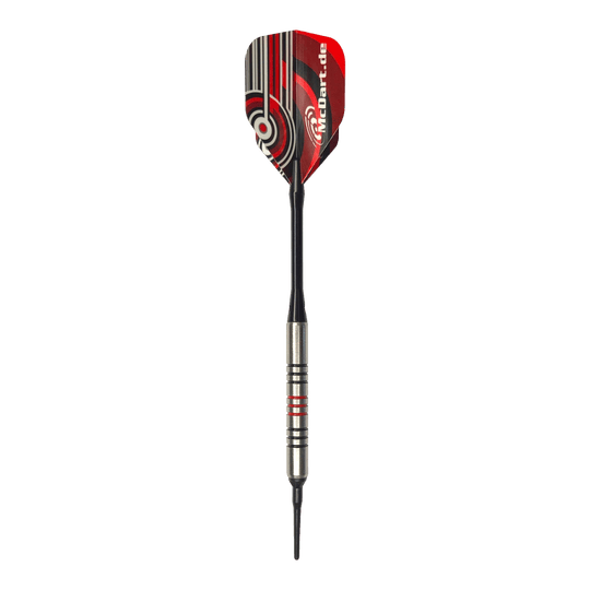 McDart 85 Tungsten V11 Zachte Darts - 17,5 g Dies ist ein McDart 85er Tungsten V11 Softdart mit einem Gewicht von 17,5g. Der Dart hat ein silbernes Barrel mit schwarzen und roten Ringen sowie ein rot-schwarzes Flight-Design.