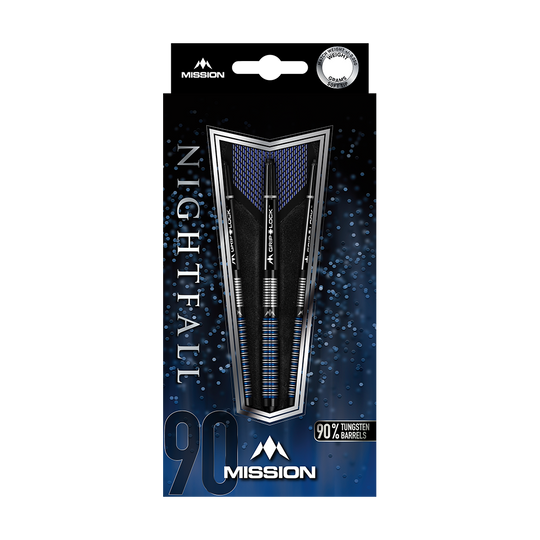 Mission Nightfall Model 1 zachte darts Das Bild zeigt die Verpackung der "Mission Nightfall Model 1 Softdarts". Die Darts bestehen zu 90 % aus Tungsten und sind auf einem dunkelblauen Hintergrund präsentiert.