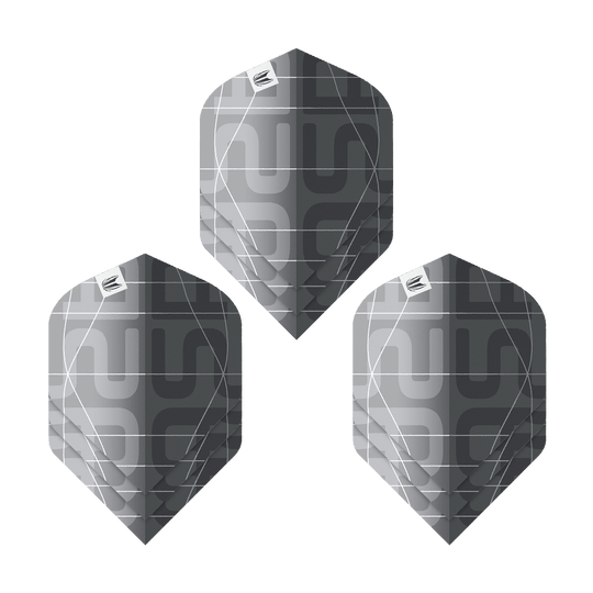 Target Pro Ultra Aspinall X Echo No2 Standaardvluchten - 3 sets Das Bild zeigt drei schwarze und graue Dartflights mit modernem Muster. Es handelt sich um das Produkt "Target Pro Ultra Aspinall X Echo No2 Standard Flights - 3 Sets".