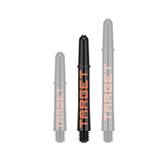 Target Pro Grip TAG Shafts - 3 sets - Zwart Oranje Auf dem Bild sind drei schwarze Dartschäfte in unterschiedlicher Länge zu sehen. Auf jedem Schaft steht in orangefarbenen Buchstaben das Wort "TARGET".