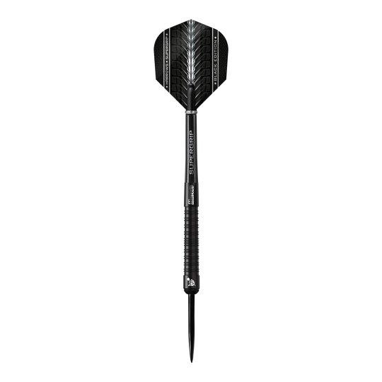 Harrows Supergrip Black Edition stalen darts Das Bild zeigt einen schwarzen Steeldart der Marke Harrows Supergrip Black-Edition. Der Dart hat ein elegantes, komplett schwarzes Design mit feinen silbernen Akzenten.
