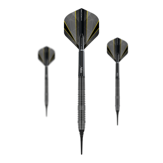 Das Bild zeigt drei Softdarts des Modells "Red Dragon Seren 2 Onyx" mit einem Gewicht von 20g. Die Darts haben ein schwarzes Design mit gelben Akzenten und einer strukturierten Griffzone.